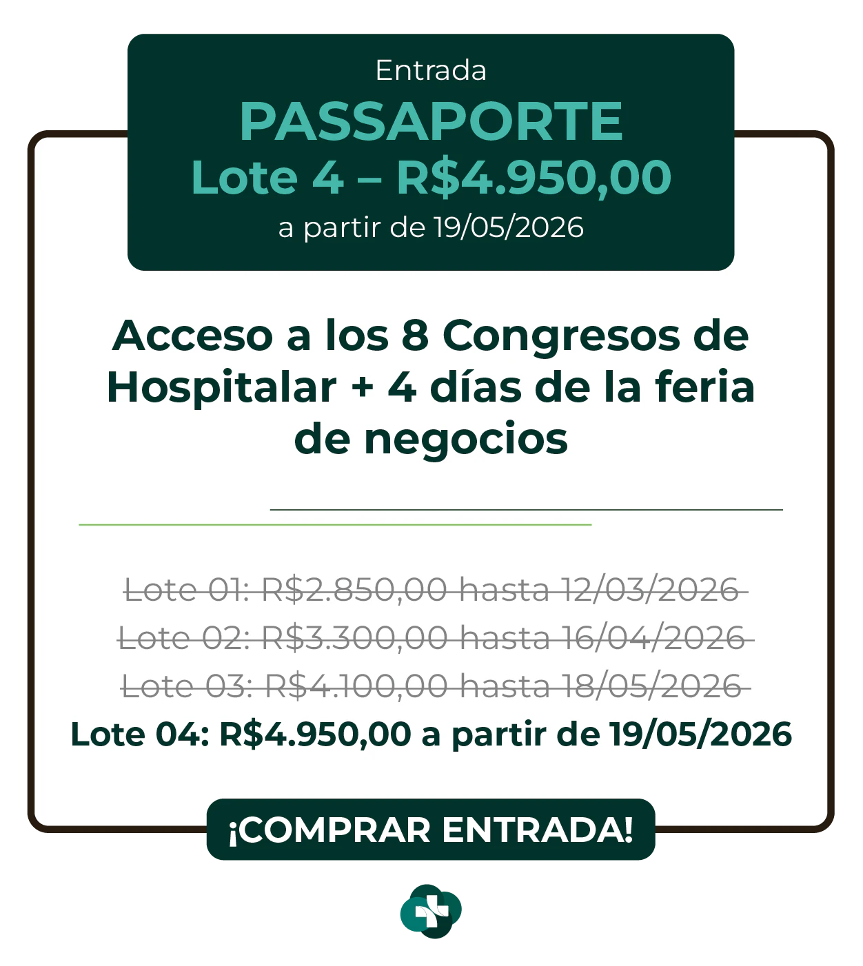 Card de ingresso 'Passaporte' para a Hospitalar 2026. Oferece acesso aos 9 congressos da Hospitalar mais 4 dias de feira de negócios. Lote 1 por R$ 2.850,00 até 12/03/2026, com lotes subsequentes até R$ 4.950,00. Botão: Comprar Ingresso.