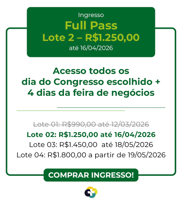 Valor do ingresso Full Pass Hospitalar 2026: R$ 1.250,00 no Lote 2, válido até 16/04/2026. Acesso a todos os dias do congresso escolhido.