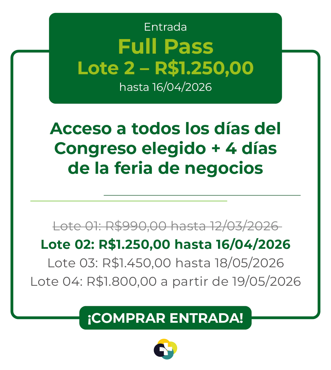 Card de ingresso 'Passaporte' para a Hospitalar 2026. Oferece acesso aos 9 congressos da Hospitalar mais 4 dias de feira de negócios. Lote 1 por R$ 2.850,00 até 12/03/2026, com lotes subsequentes até R$ 4.950,00. Botão: Comprar Ingresso.