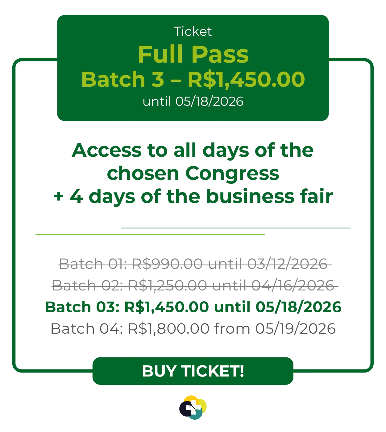 Card de ingresso 'Full Pass' para a Hospitalar 2026. Oferece acesso a todos os dias do congresso escolhido mais 4 dias de feira de negócios. Lote 1 por R$ 730,00 até 12/03/2026, com lotes subsequentes até R$ 1.450,00. Botão: Comprar Ingresso.