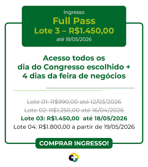 Valor do ingresso Full Pass Hospitalar 2026: R$ 1.250,00 no Lote 2, válido até 16/04/2026. Acesso a todos os dias do congresso escolhido.