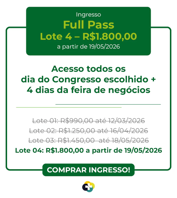 Valor do ingresso Full Pass Hospitalar 2026: R$ 1.250,00 no Lote 2, válido até 16/04/2026. Acesso a todos os dias do congresso escolhido.