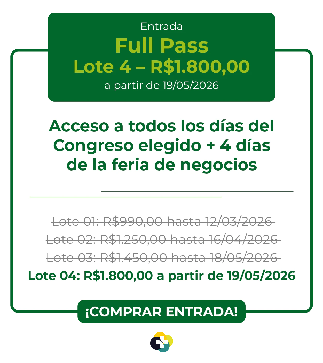 Card de ingresso 'Passaporte' para a Hospitalar 2026. Oferece acesso aos 9 congressos da Hospitalar mais 4 dias de feira de negócios. Lote 1 por R$ 2.850,00 até 12/03/2026, com lotes subsequentes até R$ 4.950,00. Botão: Comprar Ingresso.