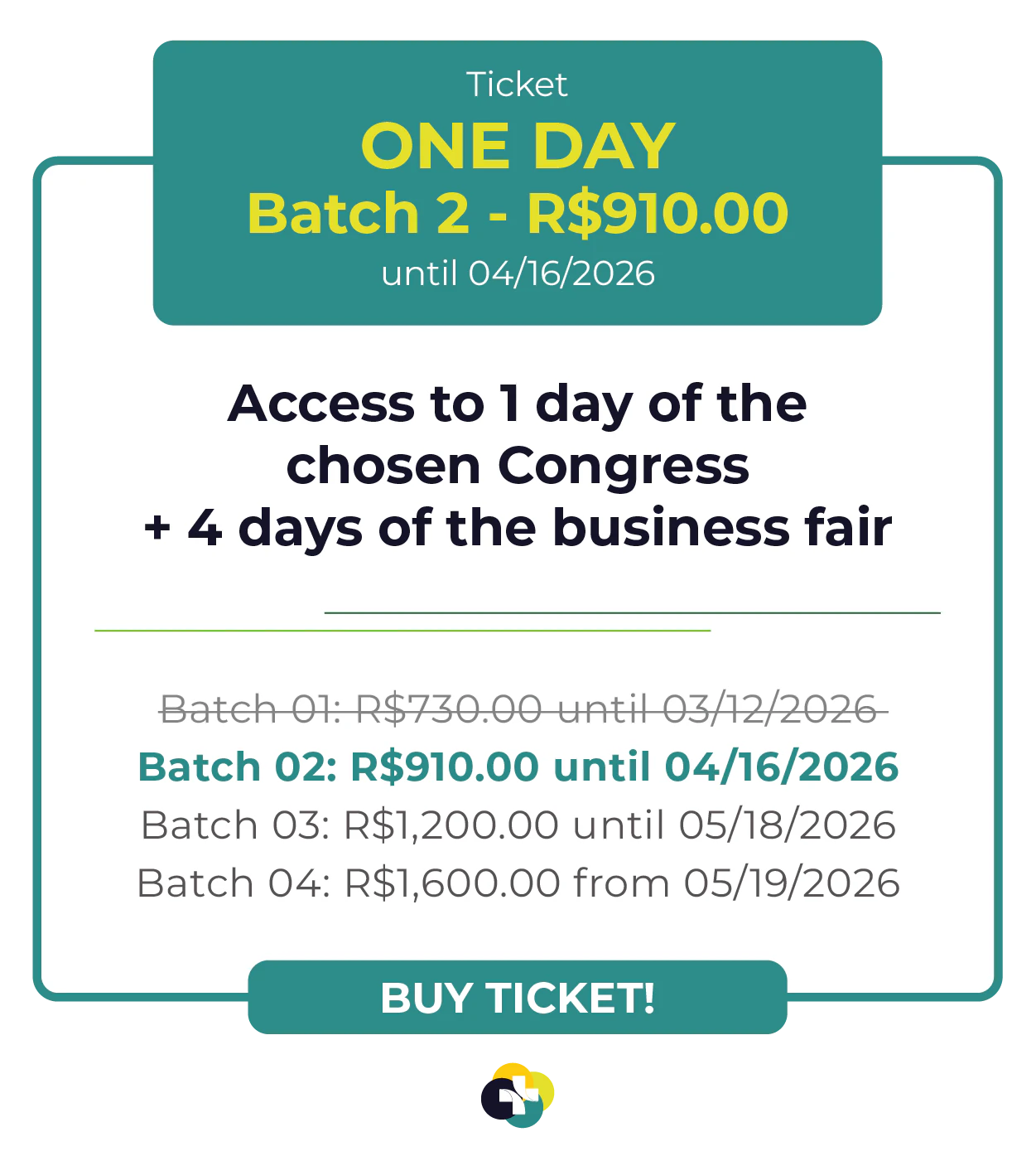 Card de ingresso 'One Day' para a Hospitalar 2026. Oferece acesso a 1 dia de congresso escolhido mais 4 dias de feira de negócios. Lote 1 por R$ 490,00 até 12/03/2026, com lotes subsequentes até R$ 1.200,00. Botão: Comprar Ingresso.