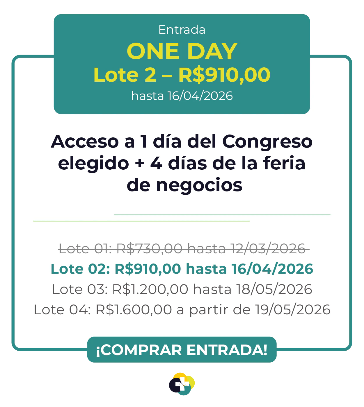 Card de ingresso 'One Day' para a Hospitalar 2026. Oferece acesso a 1 dia de congresso escolhido mais 4 dias de feira de negócios. Lote 1 por R$ 490,00 até 12/03/2026, com lotes subsequentes até R$ 1.200,00. Botão: Comprar Ingresso.
