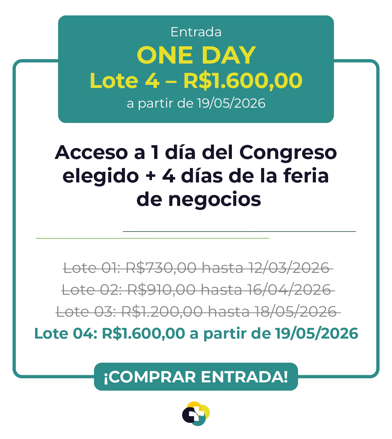 Card de ingresso 'One Day' para a Hospitalar 2026. Oferece acesso a 1 dia de congresso escolhido mais 4 dias de feira de negócios. Lote 1 por R$ 490,00 até 12/03/2026, com lotes subsequentes até R$ 1.200,00. Botão: Comprar Ingresso.
