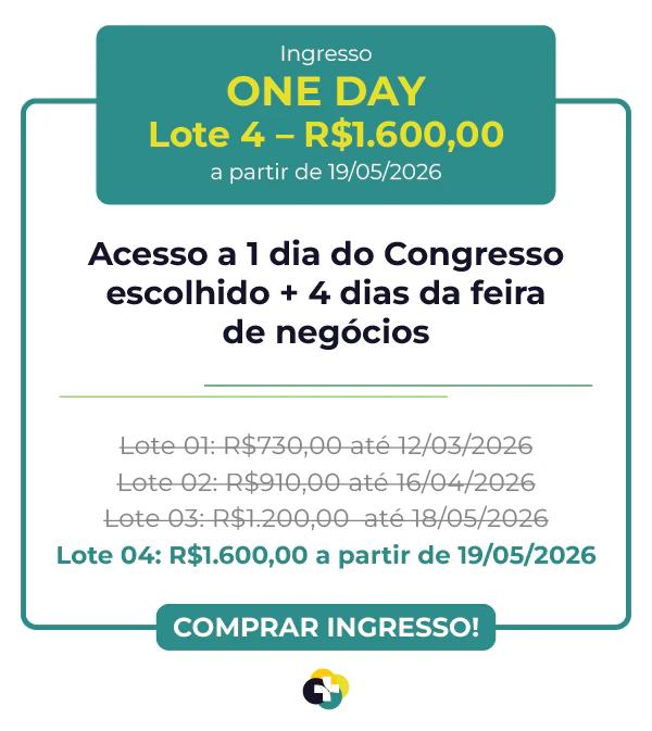 Preço do ingresso One Day para o Congresso Hospitalar 2026: R$ 910,00 no Lote 2, válido até 16/04/2026.