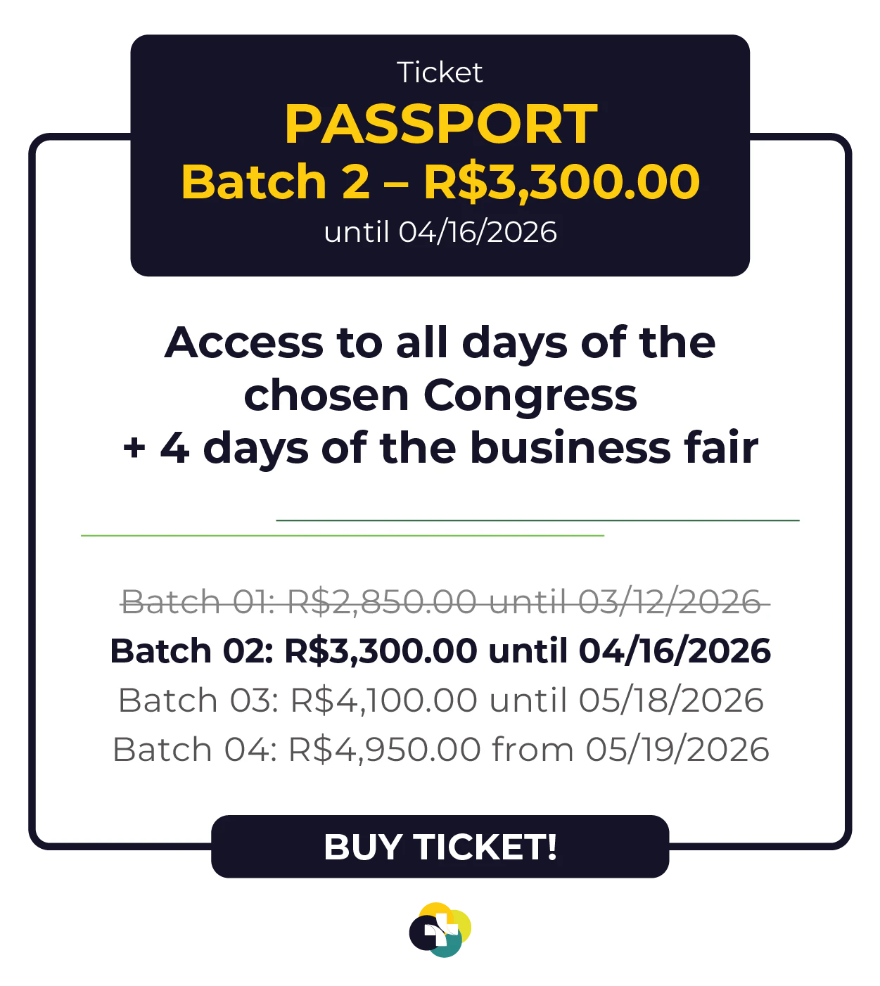 Card de ingresso 'Passaporte' para a Hospitalar 2026. Oferece acesso aos 9 congressos da Hospitalar mais 4 dias de feira de negócios. Lote 1 por R$ 2.850,00 até 12/03/2026, com lotes subsequentes até R$ 4.950,00. Botão: Comprar Ingresso.