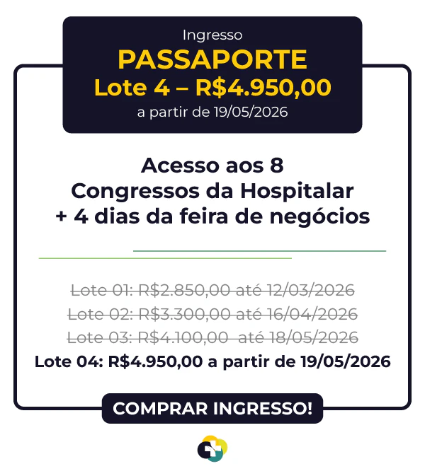 Valor do ingresso Passaporte Hospitalar 2026: R$ 3.300,00 no Lote 2, até 16/04/2026. Acesso aos 8 congressos e 4 dias de feira.