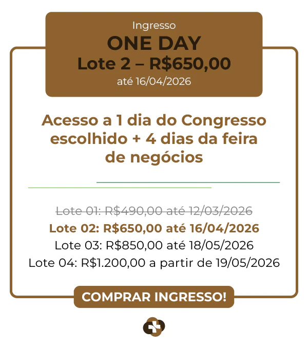 Tabela de preços de ingresso One Day para o congresso. Lote 02 por R$ 650,00 válido até 16/04/2026. Inclui acesso a 1 dia de congresso e 4 dias de feira de negócios. Outros lotes listados: Lote 01 (R$ 490,00), Lote 03 (R$ 850,00) e Lote 04 (R$ 1.200,00). Botão "Comprar Ingresso!".