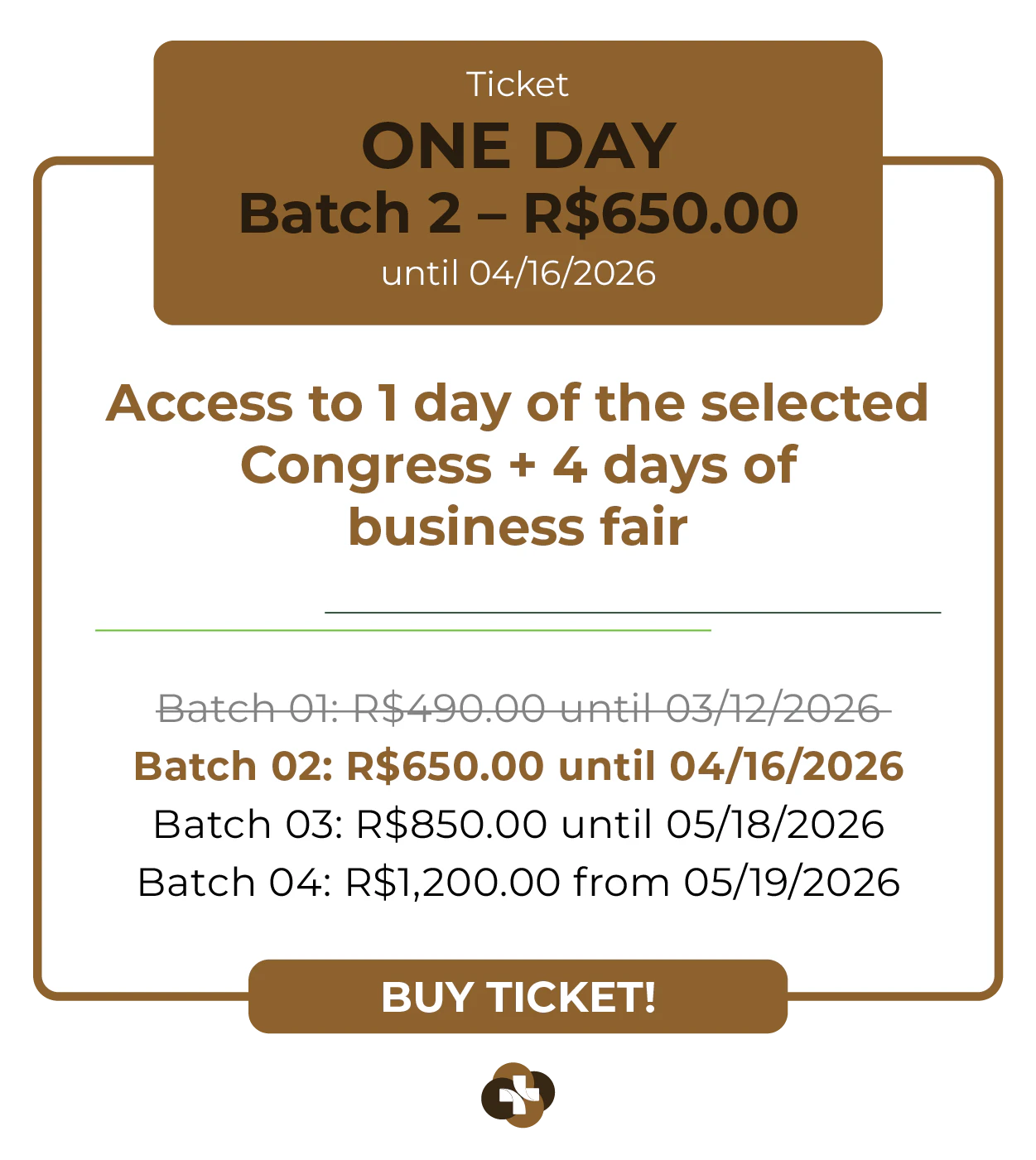 Card de ingresso 'One Day' para a Hospitalar 2026. Oferece acesso a 1 dia de congresso escolhido mais 4 dias de feira de negócios. Lote 1 por R$ 490,00 até 12/03/2026, com lotes subsequentes até R$ 1.200,00. Botão: Comprar Ingresso.