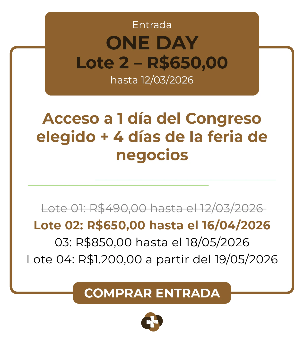 Card de ingresso 'One Day' para a Hospitalar 2026. Oferece acesso a 1 dia de congresso escolhido mais 4 dias de feira de negócios. Lote 1 por R$ 490,00 até 12/03/2026, com lotes subsequentes até R$ 1.200,00. Botão: Comprar Ingresso.