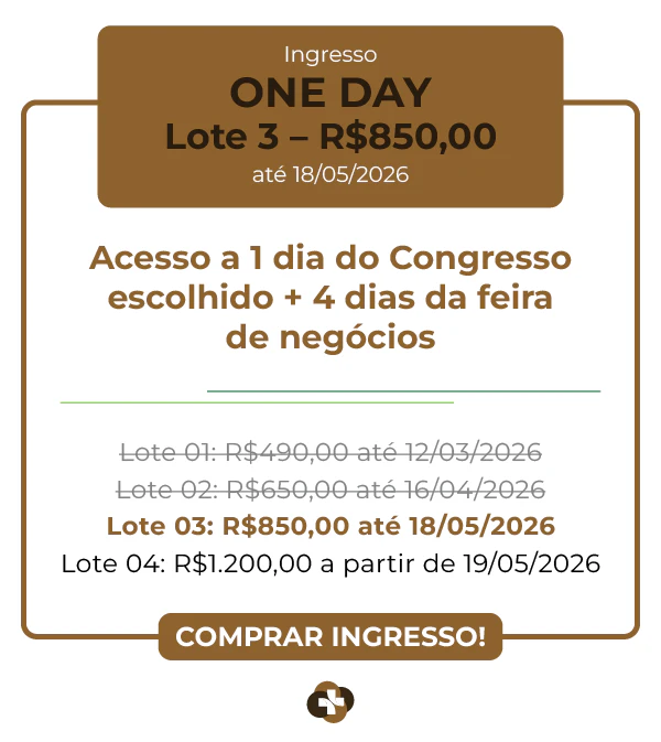 Tabela de preços de ingresso One Day para o congresso. Lote 02 por R$ 650,00 válido até 16/04/2026. Inclui acesso a 1 dia de congresso e 4 dias de feira de negócios. Outros lotes listados: Lote 01 (R$ 490,00), Lote 03 (R$ 850,00) e Lote 04 (R$ 1.200,00). Botão "Comprar Ingresso!".