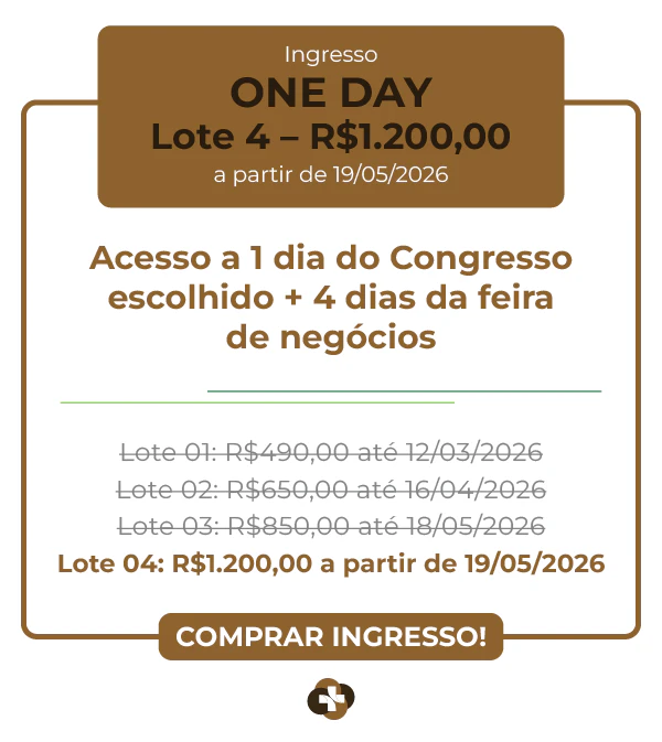 Tabela de preços de ingresso One Day para o congresso. Lote 02 por R$ 650,00 válido até 16/04/2026. Inclui acesso a 1 dia de congresso e 4 dias de feira de negócios. Outros lotes listados: Lote 01 (R$ 490,00), Lote 03 (R$ 850,00) e Lote 04 (R$ 1.200,00). Botão "Comprar Ingresso!".