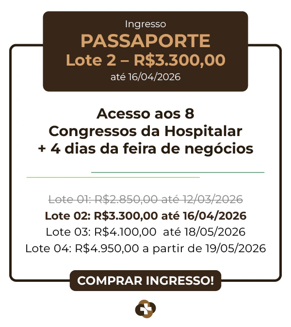 Tabela de preços do Ingresso Passaporte para a Hospitalar 2026. Lote 02 por R$ 3.300,00 válido até 16/04/2026. Inclui acesso aos 8 congressos da Hospitalar e 4 dias de feira de negócios. Cronograma de lotes: Lote 01 (R$ 2.850,00), Lote 03 (R$ 4.100,00) e Lote 04 (R$ 4.950,00). Botão "Comprar Ingresso!".