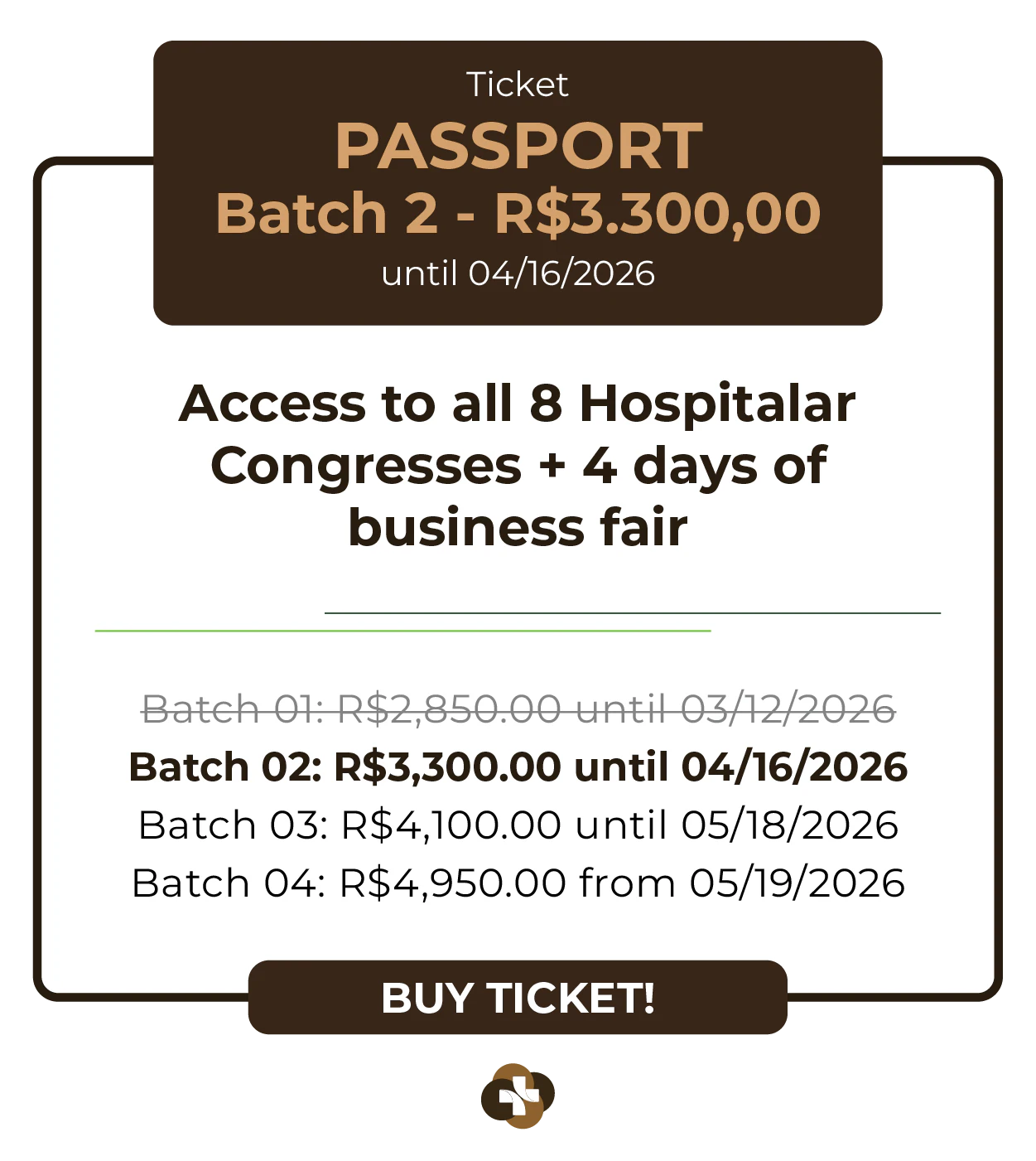 Card de ingresso 'Passaporte' para a Hospitalar 2026. Oferece acesso aos 9 congressos da Hospitalar mais 4 dias de feira de negócios. Lote 1 por R$ 2.850,00 até 12/03/2026, com lotes subsequentes até R$ 4.950,00. Botão: Comprar Ingresso.