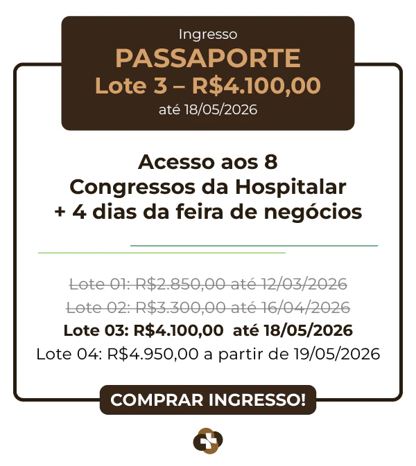 Tabela de preços do Ingresso Passaporte para a Hospitalar 2026. Lote 02 por R$ 3.300,00 válido até 16/04/2026. Inclui acesso aos 8 congressos da Hospitalar e 4 dias de feira de negócios. Cronograma de lotes: Lote 01 (R$ 2.850,00), Lote 03 (R$ 4.100,00) e Lote 04 (R$ 4.950,00). Botão "Comprar Ingresso!".