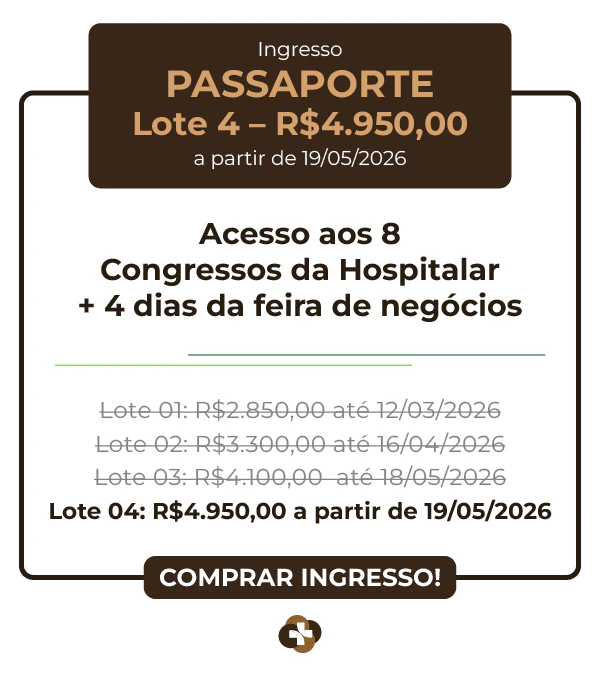 Tabela de preços do Ingresso Passaporte para a Hospitalar 2026. Lote 02 por R$ 3.300,00 válido até 16/04/2026. Inclui acesso aos 8 congressos da Hospitalar e 4 dias de feira de negócios. Cronograma de lotes: Lote 01 (R$ 2.850,00), Lote 03 (R$ 4.100,00) e Lote 04 (R$ 4.950,00). Botão "Comprar Ingresso!".