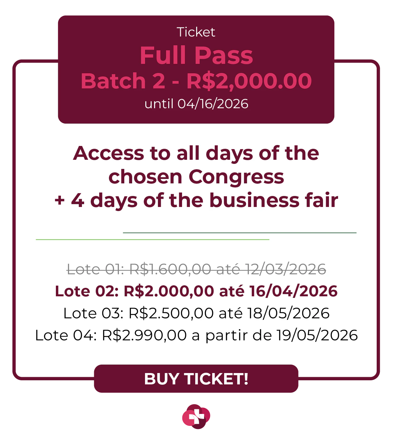 Card de ingresso 'Full Pass' para a Hospitalar 2026. Oferece acesso a todos os dias do congresso escolhido mais 4 dias de feira de negócios. Lote 1 por R$ 730,00 até 12/03/2026, com lotes subsequentes até R$ 1.450,00. Botão: Comprar Ingresso.