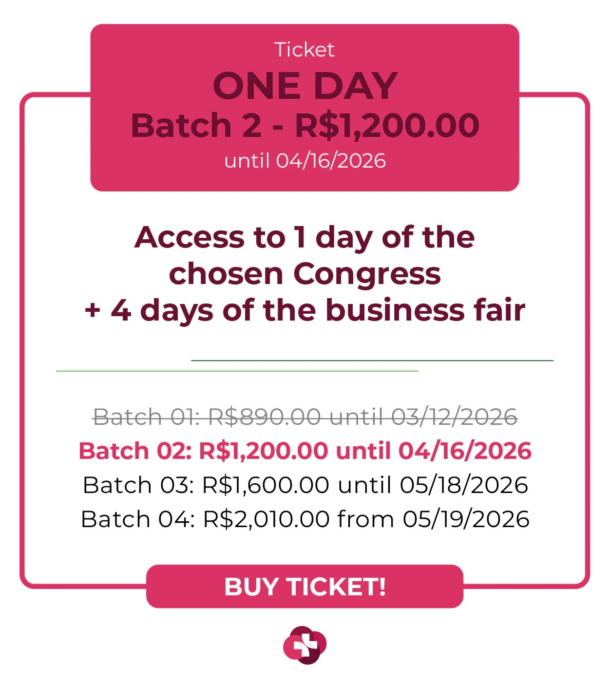 Card de ingresso 'One Day' para a Hospitalar 2026. Oferece acesso a 1 dia de congresso escolhido mais 4 dias de feira de negócios. Lote 1 por R$ 490,00 até 12/03/2026, com lotes subsequentes até R$ 1.200,00. Botão: Comprar Ingresso.