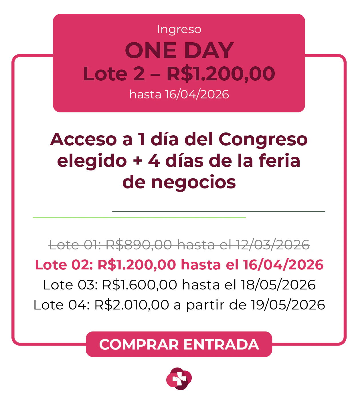 Card de ingresso 'One Day' para a Hospitalar 2026. Oferece acesso a 1 dia de congresso escolhido mais 4 dias de feira de negócios. Lote 1 por R$ 490,00 até 12/03/2026, com lotes subsequentes até R$ 1.200,00. Botão: Comprar Ingresso.
