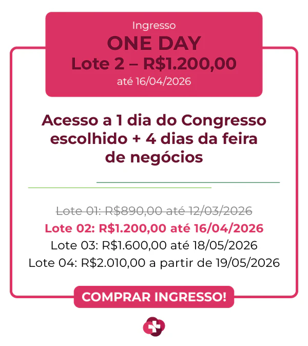 Card de ingresso 'One Day' para a Hospitalar 2026. Apresenta fundo branco com bordas e detalhes em magenta vibrante. O destaque superior indica o valor de R$ 890,00 para o Lote 1 até 12/03/2026. O texto central detalha: 'Acesso a 1 dia do Congresso escolhido + 4 dias da feira de negócios'.