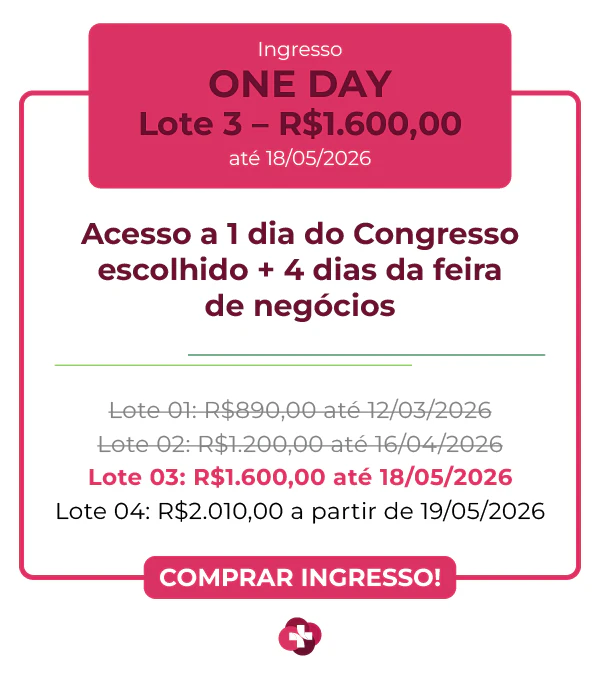 Card de ingresso 'One Day' para a Hospitalar 2026. Apresenta fundo branco com bordas e detalhes em magenta vibrante. O destaque superior indica o valor de R$ 890,00 para o Lote 1 até 12/03/2026. O texto central detalha: 'Acesso a 1 dia do Congresso escolhido + 4 dias da feira de negócios'.