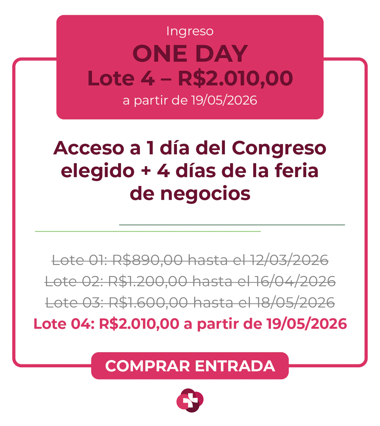 Card de ingresso 'One Day' para a Hospitalar 2026. Oferece acesso a 1 dia de congresso escolhido mais 4 dias de feira de negócios. Lote 1 por R$ 490,00 até 12/03/2026, com lotes subsequentes até R$ 1.200,00. Botão: Comprar Ingresso.