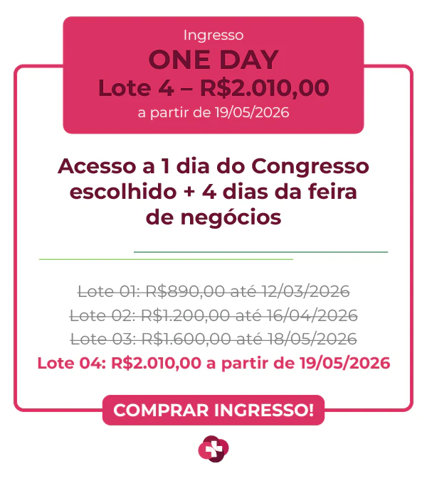Card de ingresso 'One Day' para a Hospitalar 2026. Apresenta fundo branco com bordas e detalhes em magenta vibrante. O destaque superior indica o valor de R$ 890,00 para o Lote 1 até 12/03/2026. O texto central detalha: 'Acesso a 1 dia do Congresso escolhido + 4 dias da feira de negócios'.