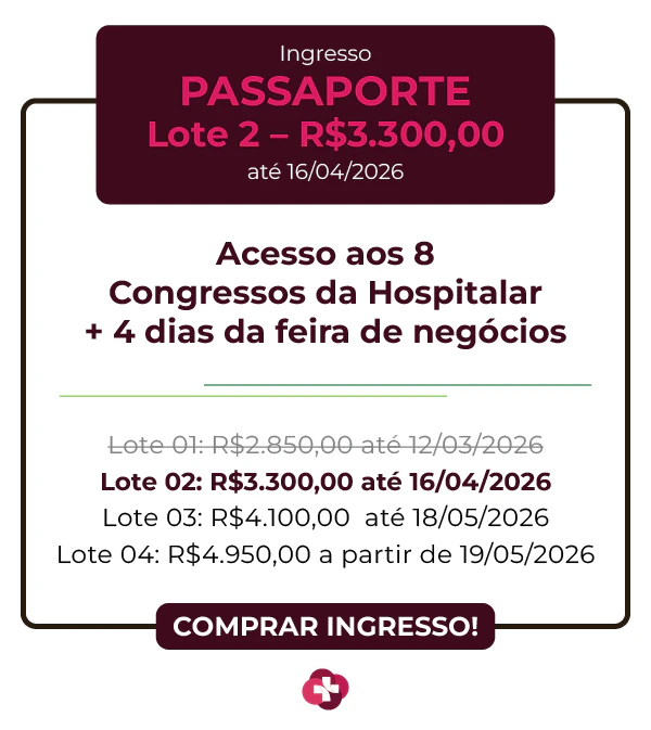 Card de ingresso 'Passaporte' para a Hospitalar 2026 com design em tons de bordô e magenta. O cabeçalho informa Lote 1 por R$ 2.850,00 válido até 12/03/2026. O benefício central é 'Acesso aos 9 Congressos da Hospitalar + 4 dias da feira de negócios'.