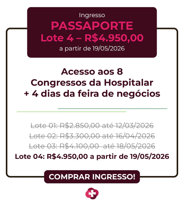 Card de ingresso 'Passaporte' para a Hospitalar 2026 com design em tons de bordô e magenta. O cabeçalho informa Lote 1 por R$ 2.850,00 válido até 12/03/2026. O benefício central é 'Acesso aos 9 Congressos da Hospitalar + 4 dias da feira de negócios'.