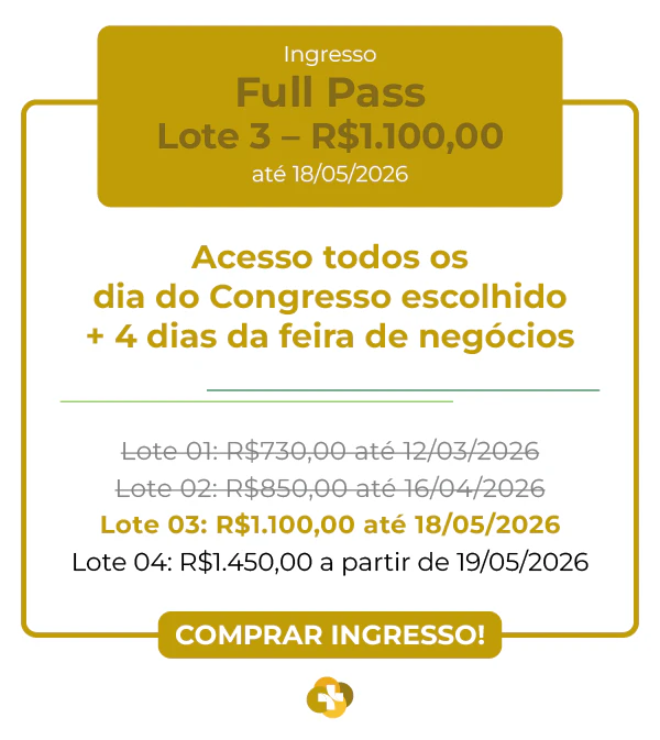 Card de ingresso 'Full Pass' para a Hospitalar 2026. Apresenta fundo branco com bordas e detalhes em dourado. O destaque superior indica o valor de R$ 730,00 para o Lote 1 até 12/03/2026. O texto central detalha: 'Acesso todos os dias do Congresso escolhido + 4 dias da feira de negócios'. Inclui a tabela de preços dos lotes 1 a 4, terminando com o botão 'COMPRAR INGRESSO!' e o logotipo circular na base.