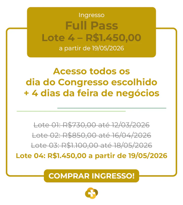 Card de ingresso 'Full Pass' para a Hospitalar 2026. Apresenta fundo branco com bordas e detalhes em dourado. O destaque superior indica o valor de R$ 730,00 para o Lote 1 até 12/03/2026. O texto central detalha: 'Acesso todos os dias do Congresso escolhido + 4 dias da feira de negócios'. Inclui a tabela de preços dos lotes 1 a 4, terminando com o botão 'COMPRAR INGRESSO!' e o logotipo circular na base.