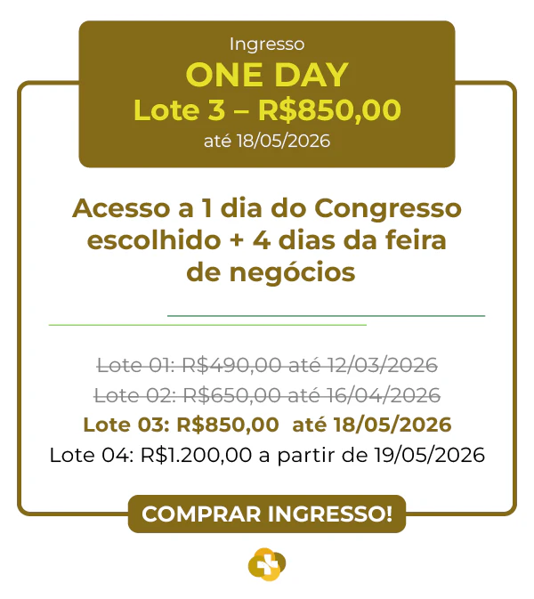 Card de ingresso 'One Day' para a Hospitalar 2026. O topo possui um bloco marrom com letras douradas indicando Lote 1 por R$ 490,00 até 12/03/2026. No corpo do card, o texto destaca: 'Acesso a 1 dia do Congresso escolhido + 4 dias da feira de negócios'. Abaixo, uma tabela detalha os quatro lotes com preços de R$ 490,00 a R$ 1.200,00. Finaliza com um botão dourado 'COMPRAR INGRESSO!' e o ícone da cruz médica na base.