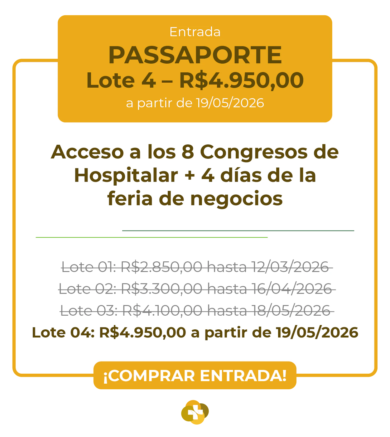 Card de ingresso 'Passaporte' para a Hospitalar 2026 com design em tons de dourado e marrom. O cabeçalho informa Lote 1 por R$ 2.850,00 válido até 12/03/2026. O benefício central é 'Acesso aos 8 Congressos da Hospitalar + 4 dias da feira de negócios'. A lista de preços mostra a progressão dos lotes até R$ 4.950,00. Na parte inferior, há um botão de ação 'COMPRAR INGRESSO!' e a logomarca estilizada do evento.