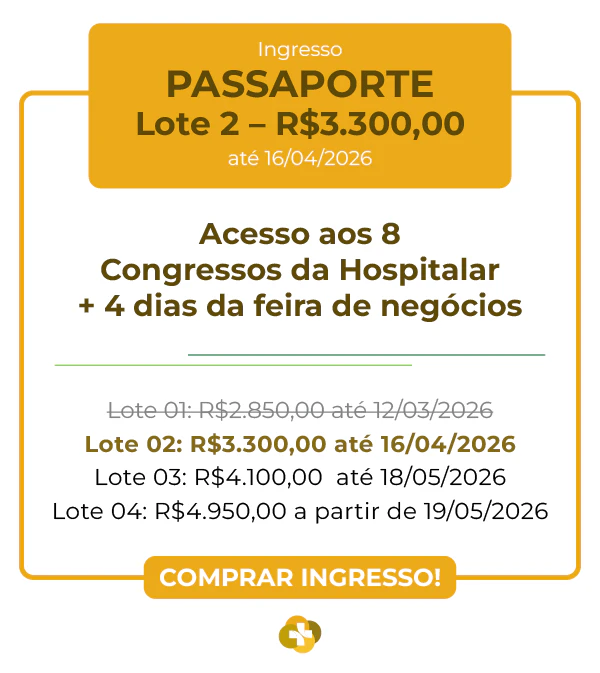 Card de ingresso 'Passaporte' para a Hospitalar 2026 com design em tons de dourado e marrom. O cabeçalho informa Lote 1 por R$ 2.850,00 válido até 12/03/2026. O benefício central é 'Acesso aos 8 Congressos da Hospitalar + 4 dias da feira de negócios'. A lista de preços mostra a progressão dos lotes até R$ 4.950,00. Na parte inferior, há um botão de ação 'COMPRAR INGRESSO!' e a logomarca estilizada do evento.