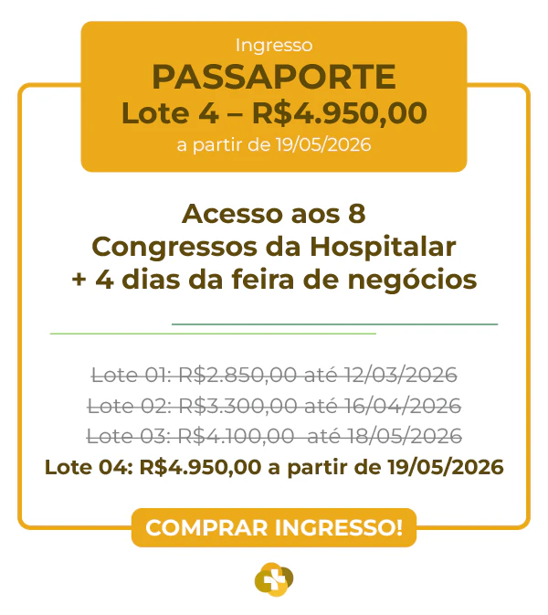 Card de ingresso 'Passaporte' para a Hospitalar 2026 com design em tons de dourado e marrom. O cabeçalho informa Lote 1 por R$ 2.850,00 válido até 12/03/2026. O benefício central é 'Acesso aos 8 Congressos da Hospitalar + 4 dias da feira de negócios'. A lista de preços mostra a progressão dos lotes até R$ 4.950,00. Na parte inferior, há um botão de ação 'COMPRAR INGRESSO!' e a logomarca estilizada do evento.