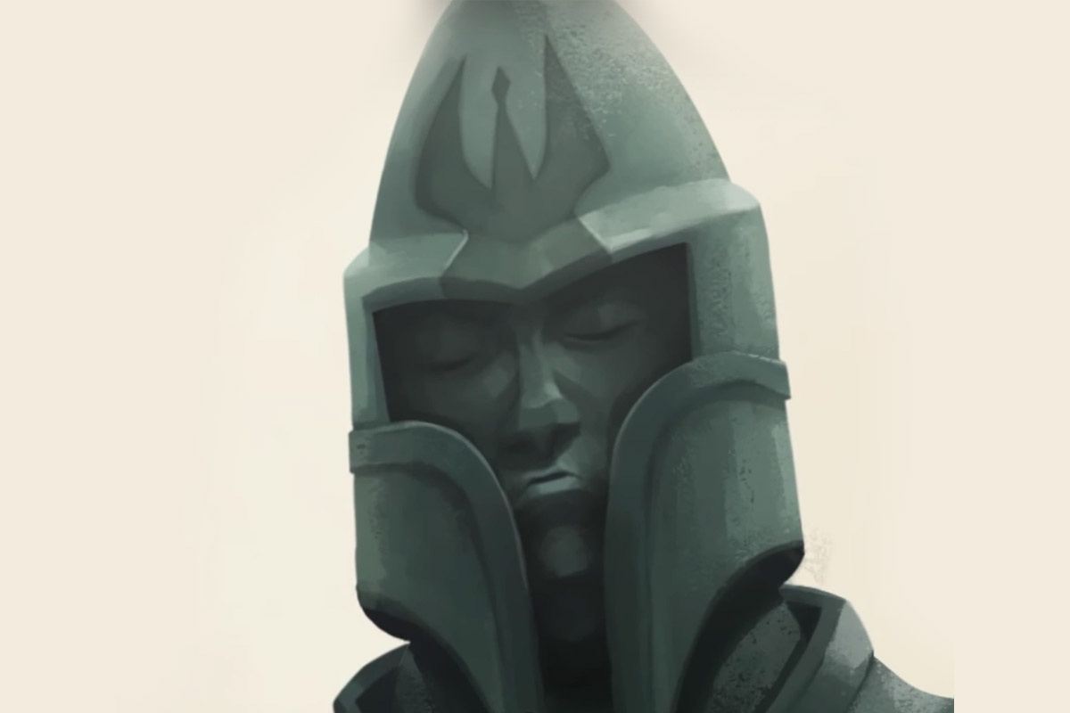 A green statue of a Mandalorian named Tarre Vizla with his eyes closed and a family crest on his helmet
