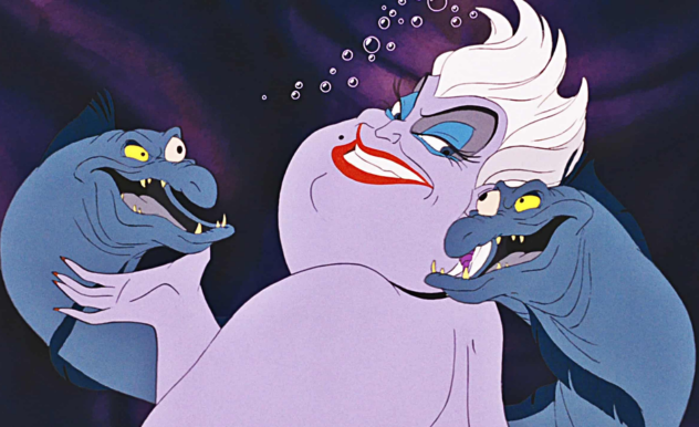 Flotsam and Jetsam circle Ursula as she smiles over her shoulder at one of the slimy eel duo