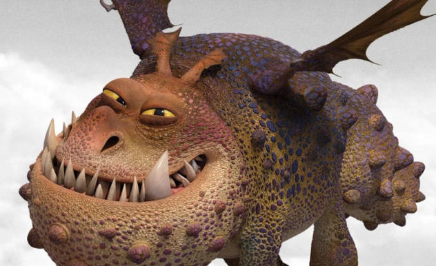 a large, round dragon with short arms and legs flies among the clouds and smiles.