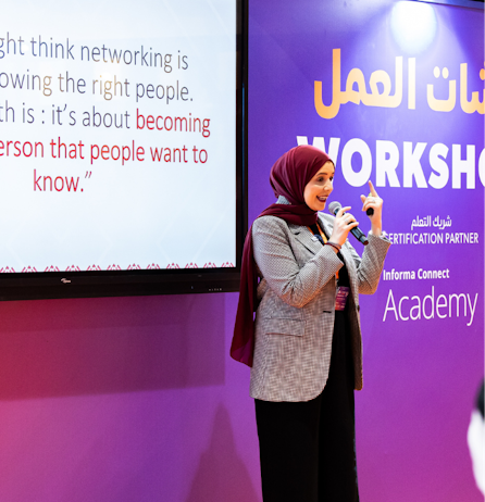 Emirati professionals networking and exchanging ideas at Tawdheef x Zaheb 2025 career expo.