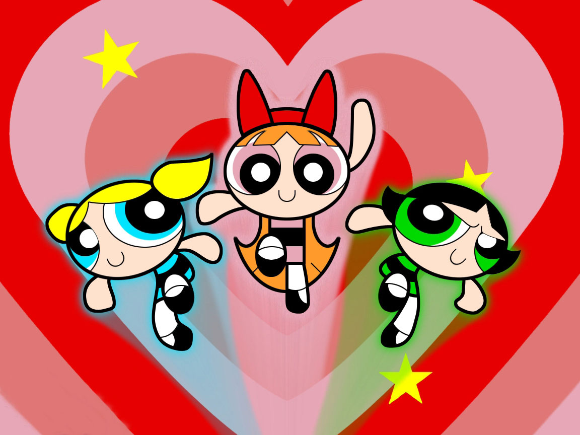 Bubbles, Buttercup and Blossom pose heroically infront of red hearts.