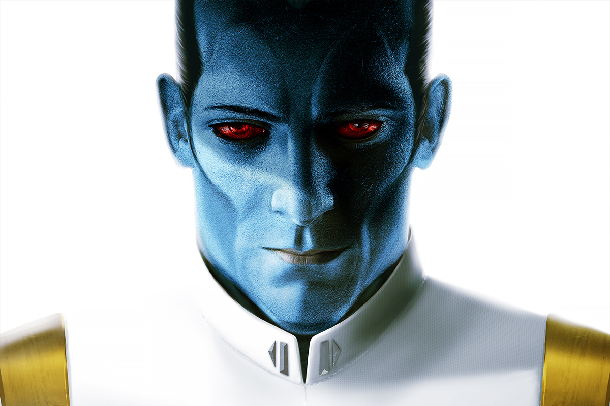 A close up of Thrawn's blue face and red eyes