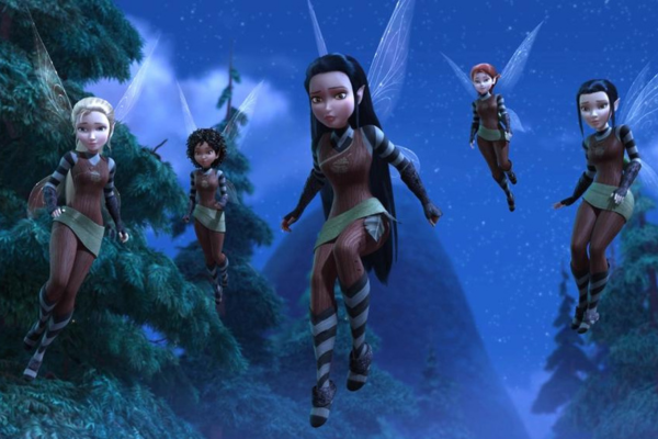 A group of fairies flying in the night sky and they looked concerned.