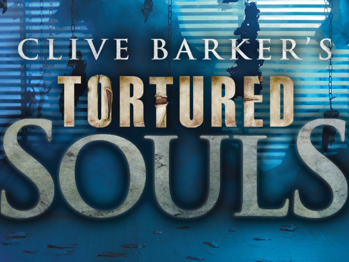 The cover art for Clive Barker's 'Tortured Souls' with the text being placed on a ominous blue background with chains.