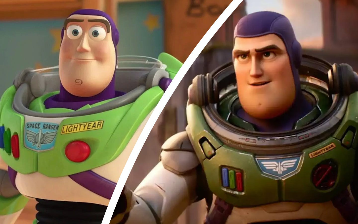 On the left, the Buzz Lightyear toy as seen in the Toy Story franchises. On the right, the Buzz Lightyear person that the toy was based on.