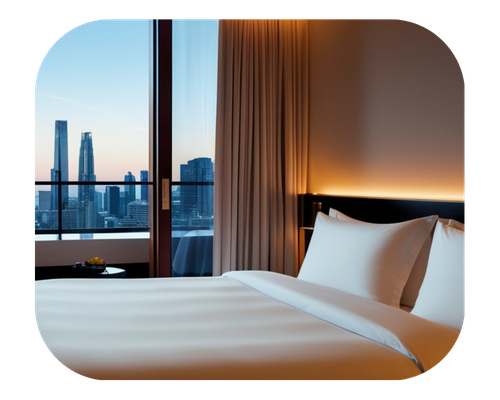 A hotel room featuring a city view