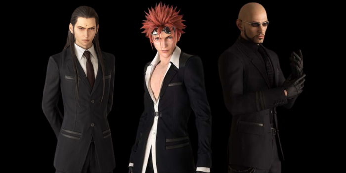 Character image of Tseng, Reno and Rude from Final Fantasy VII Rebirth. From left to right, characters are all wearing black suits and have long dark hair, spiky red hair, and a shaved head with sunglasses and a short beard.