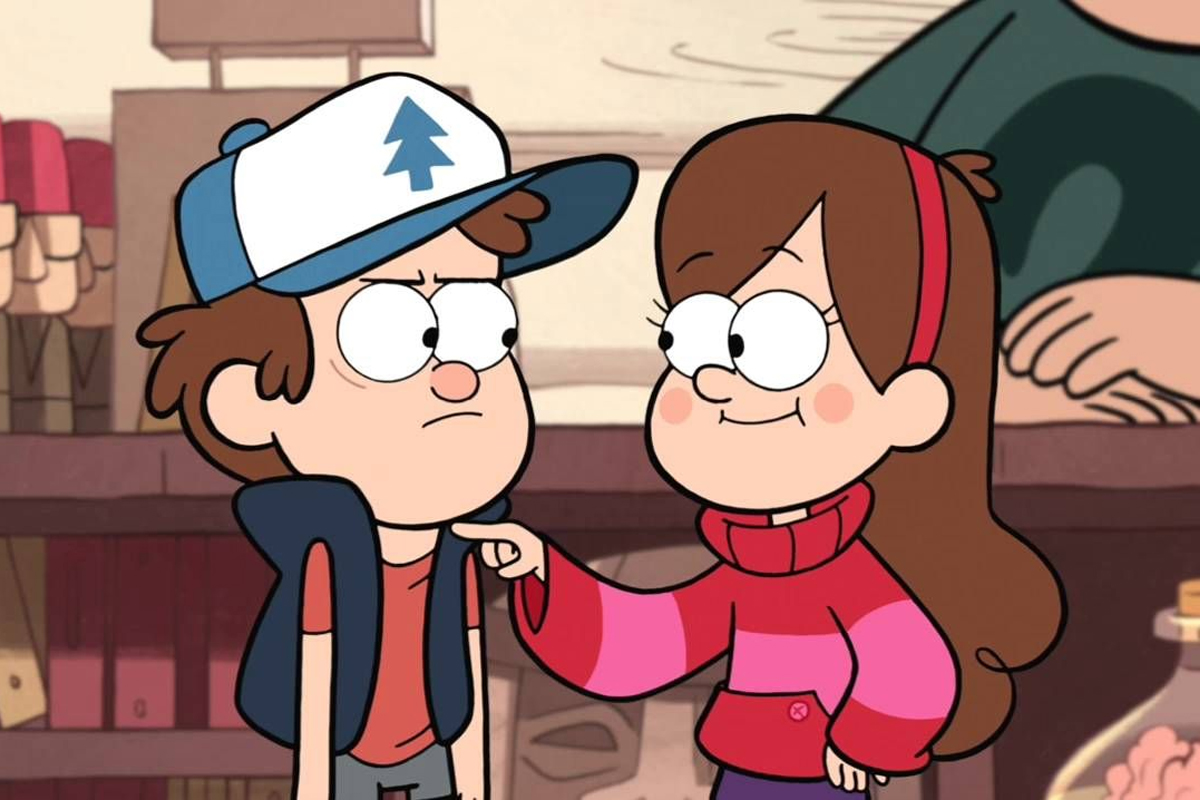 Mabel Pines (in a red & pink sweater) pokes Dipper Pines (in his usual outfit) while standing in the Mystery Shack