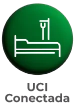 Botón circular verde con un ícono de camilla hospitalaria y el texto 'UTI Conectada' debajo.